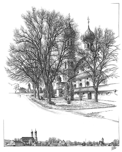 Die Wallfahrtskirche Weihenlinden mit Högling im Hintergrund